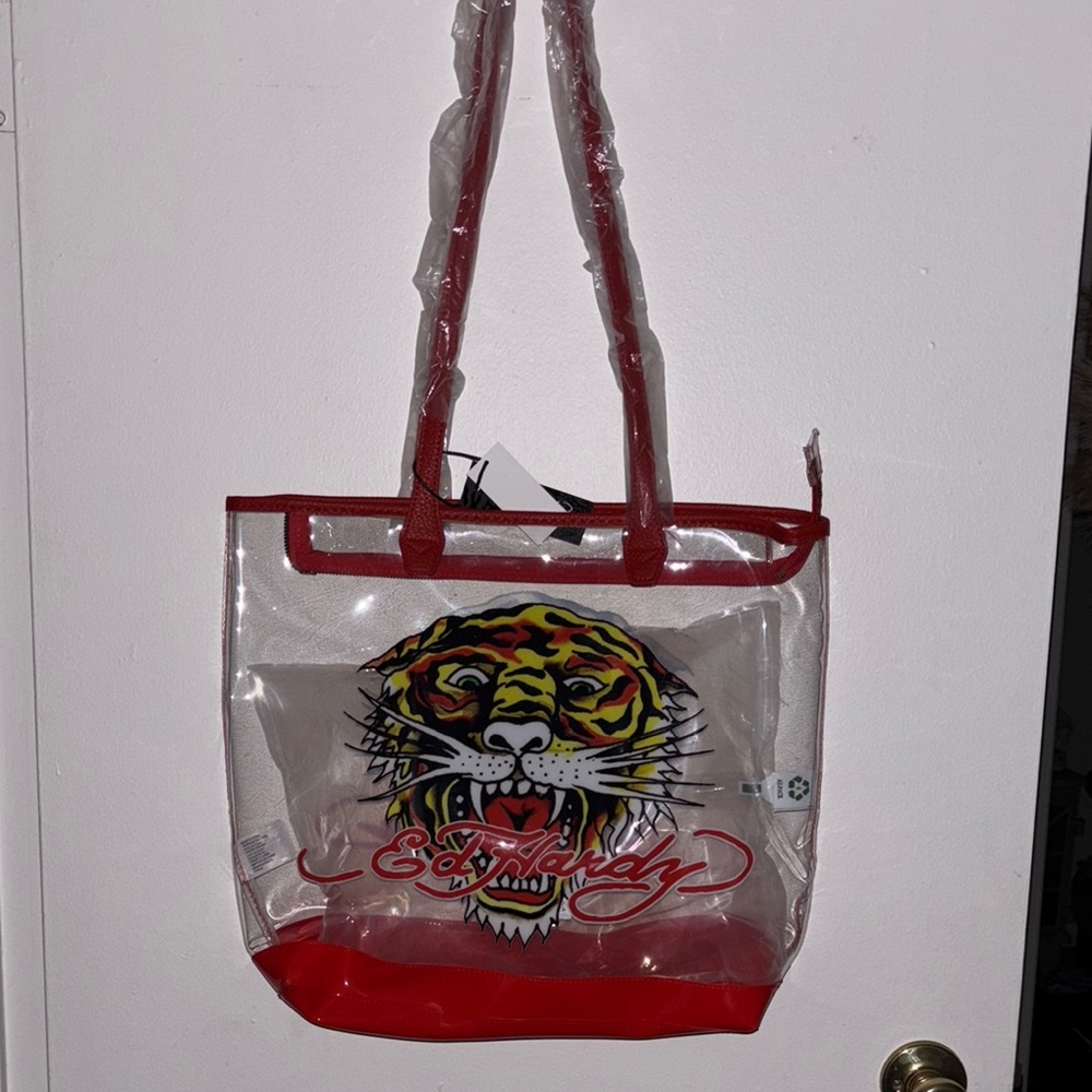 Ed Hardy White and Red Tote Bag with Bold Design